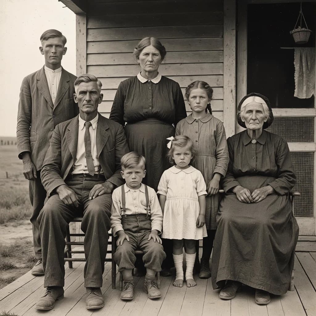 Everybody holds still and nobody smiles for the family portrait. It's 1928 in Kansas