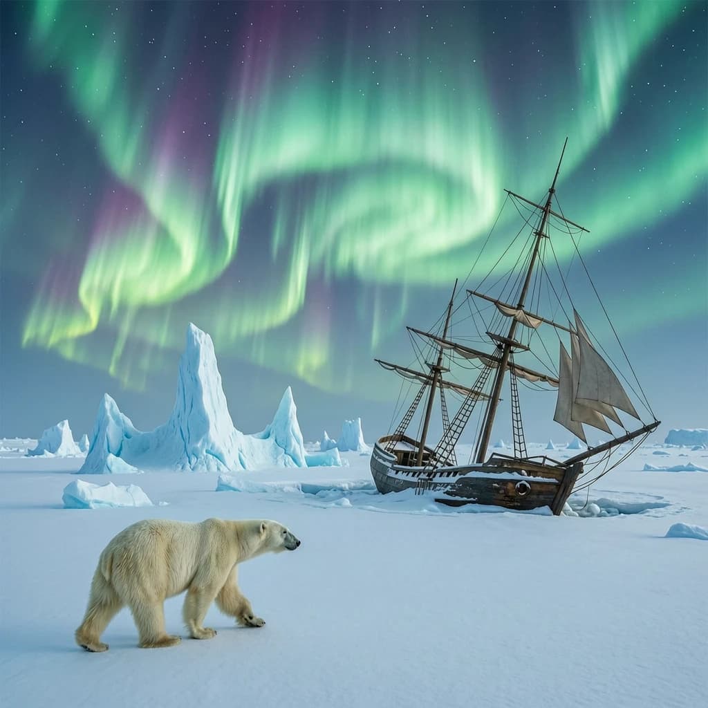 An endless tundra stretches outward, littered with jagged icebergs shaped like cathedral spires. A polar bear trudges across the foreground but leaves no tracks. Auroras ripple overhead. A half-buried shipwreck juts from the snow — sails billowing despite the still air.