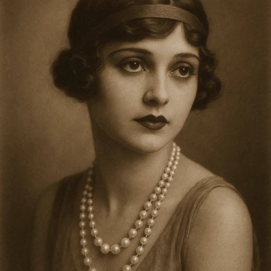 Sepia-toned studio portrait of a flapper with pearl necklace, soft grain.