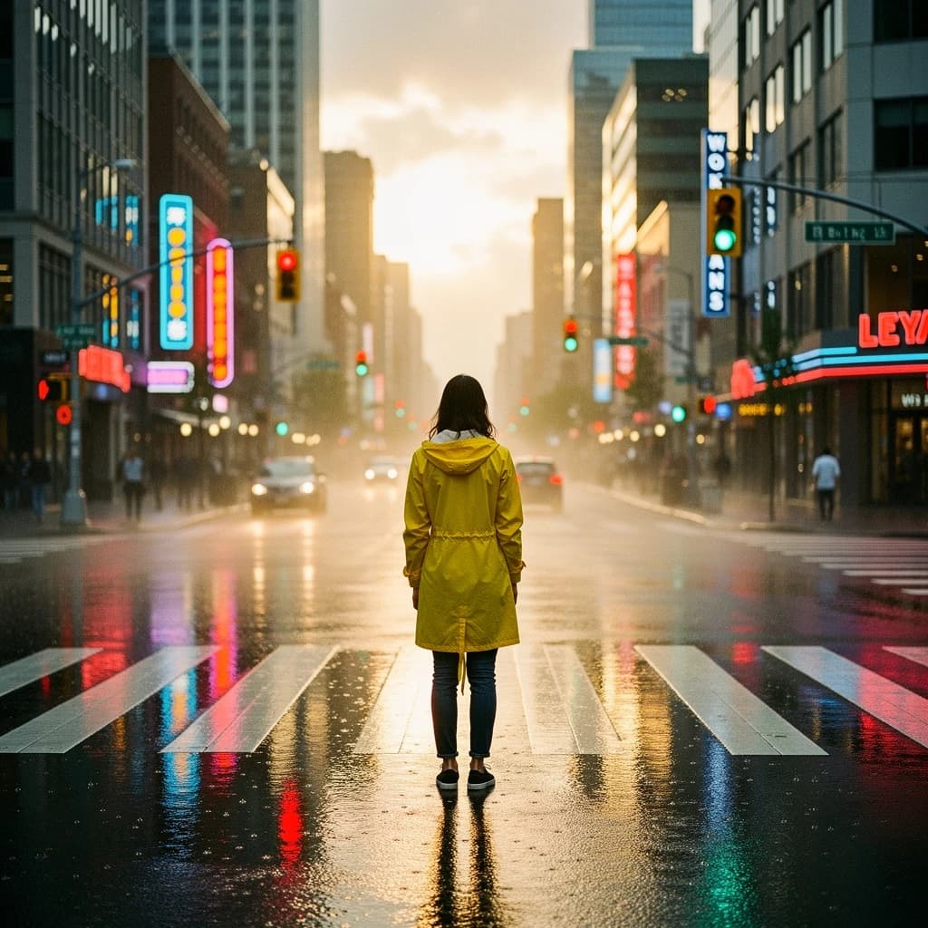 A sunlit city street after rain; puddles mirror neon signs as a woman in a yellow raincoat waits at a crosswalk, soft mist, 50mm look, natural tones, a bit of film grain.