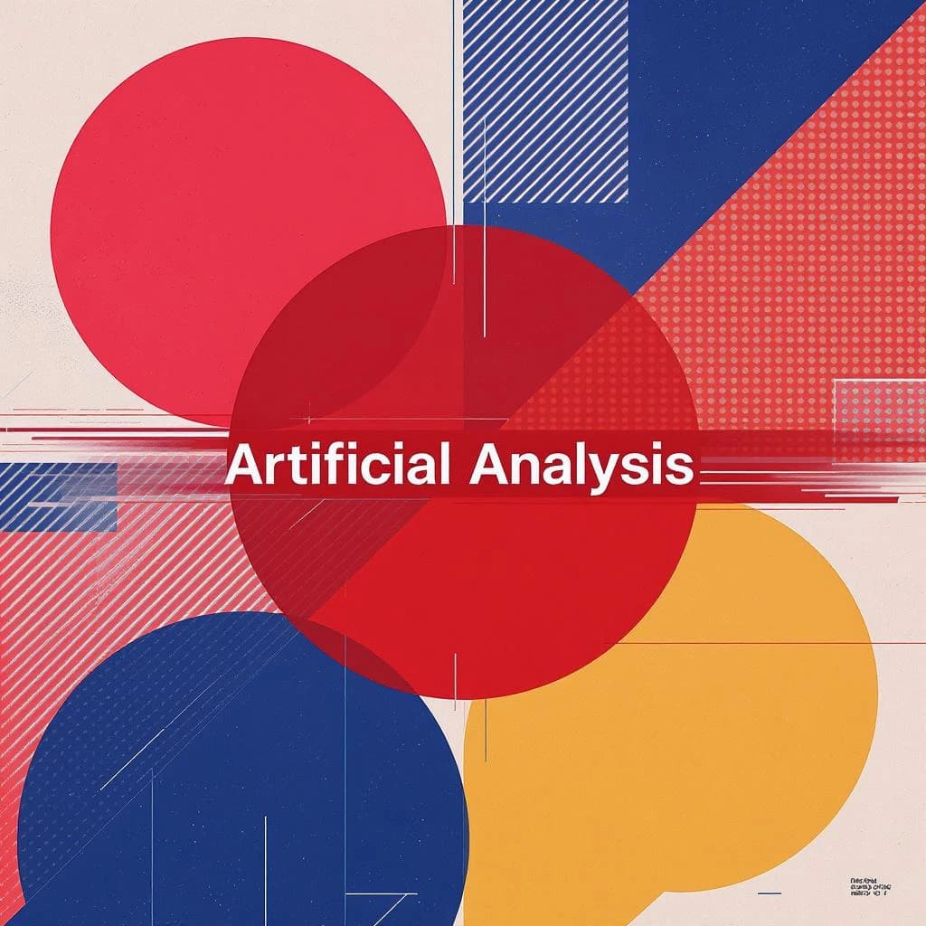 A bold poster composition dominated by flat geometric shapes in crimson, cobalt, and ochre. Overlapping circles and sharp diagonal lines create dynamic tension across the frame. A single sans-serif word — Artificial Analysis — stretches across the center in stark white, distorted slightly as though caught mid-glitch. The background is textured with halftone dots and faint grid lines, while subtle overlays of translucent rectangles suggest depth. Designed in the spirit of modernist Swiss typography fused with digital glitch aesthetics.