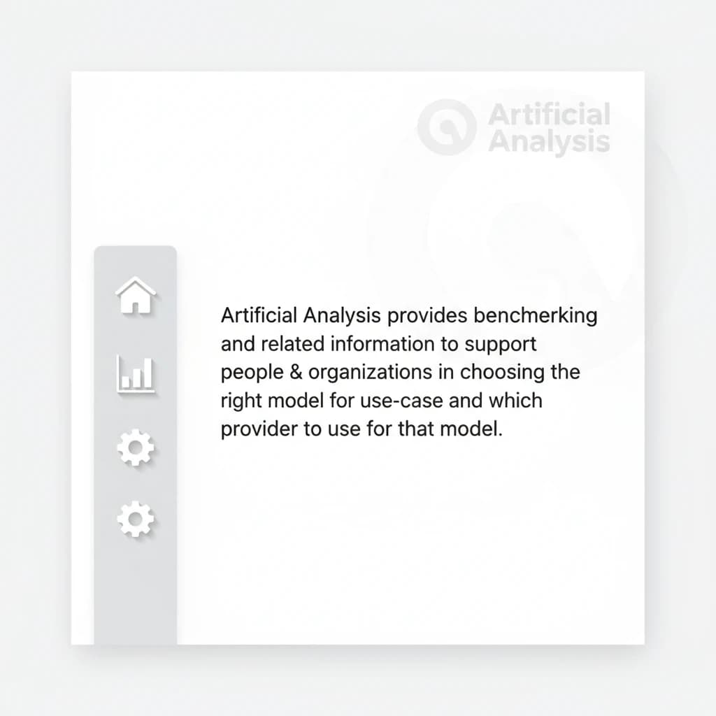 On a high-resolution dashboard mockup with a clean white background, display a centered text module in Helvetica Neue Regular, 18pt, black: “Artificial Analysis provides benchmarking and related information to support people & organizations in choosing the right model for their use-case and which provider to use for that model.” The text box is justified, but the final word wraps awkwardly onto its own line. To the left, a vertical navigation bar in light gray with three icons - home, chart, and settings - aligned evenly but casting misaligned shadows. In the upper right, the Artificial Analysis logo appears faintly, semi-transparent, watermarked over the corner of the interface.