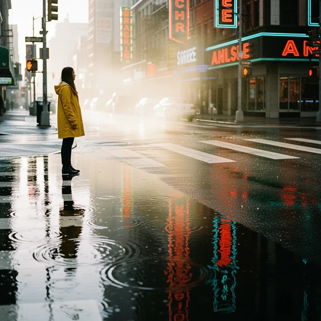 A sunlit city street after rain; puddles mirror neon signs as a woman in a yellow raincoat waits at a crosswalk, soft mist, 50mm look, natural tones, a bit of film grain.