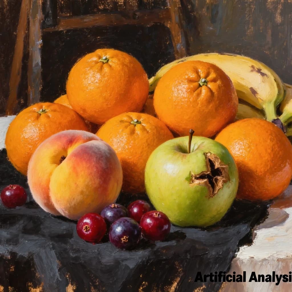 A still life scene painted oil on canvas, comprising various fruits on a black table cloth with striking lighting coming from the right out of frame, creating strong shadows. A bruised green apple is in the foreground, a peach behind it, and behind that a melange of oranges and bananas in various states of ripeness. Berries are strewn in front of the apple. The artist has signed his name "Artificial Analysis" in the bottom right corner in a hurried fashion.