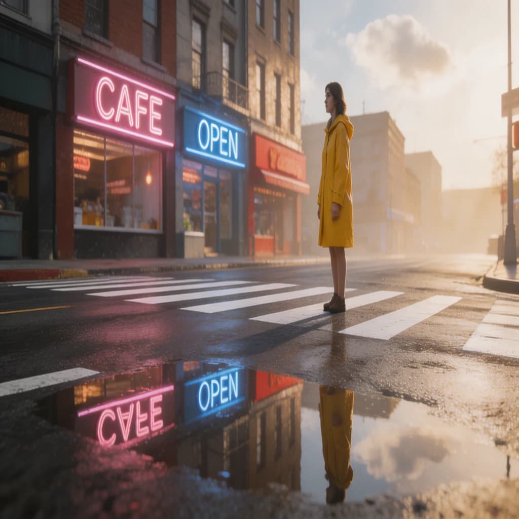 A sunlit city street after rain; puddles mirror neon signs as a woman in a yellow raincoat waits at a crosswalk, soft mist, 50mm look, natural tones, a bit of film grain.