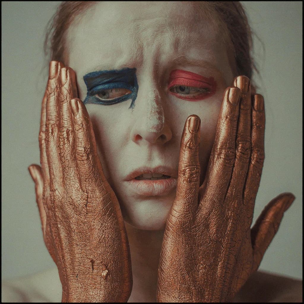 A striking close-up portrait of a woman with cracked metallic copper-painted hands framing her face. Her vivid blue and red eye makeup contrasts sharply with the smooth, pale skin and muted background, creating a bold, surreal composition. She displays an air of uncertainty about her
