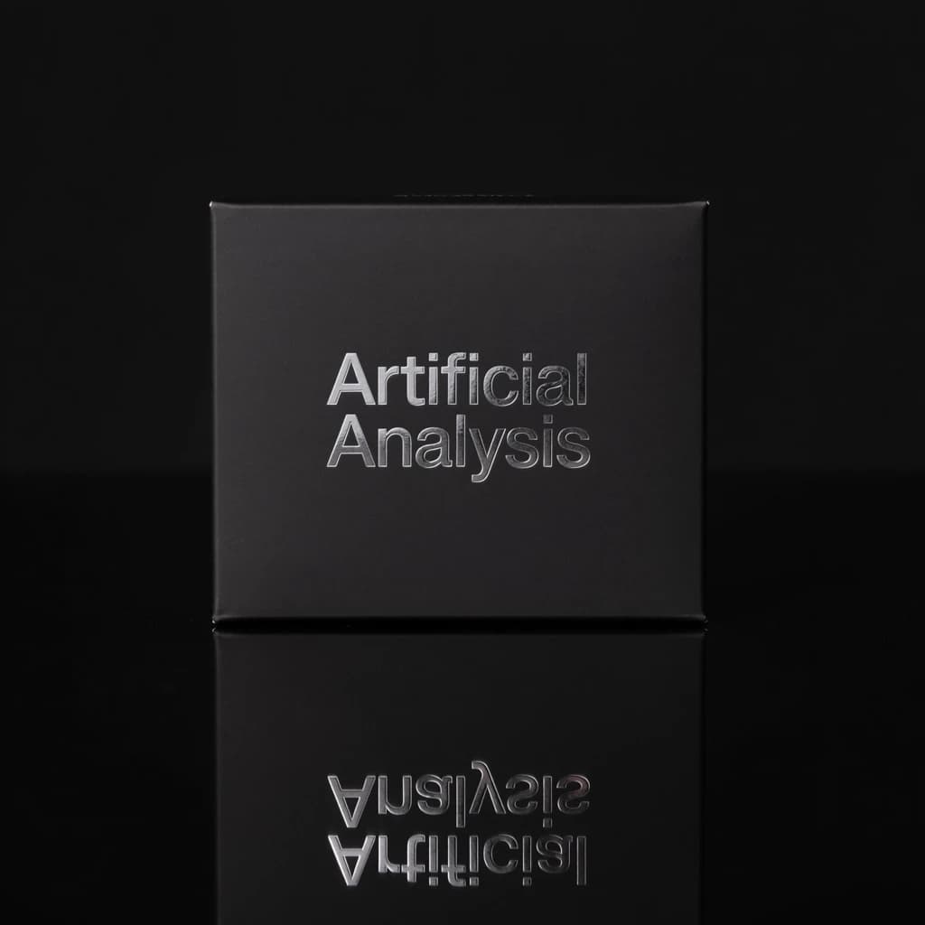 On the black box, silver foil embossing, centered: "Artificial Analysis" in Comic Sans Small Caps, perfectly justified. The letters are crisp, but the “Y” is duplicated faintly, ghosting right. On the box’s reflection, the word order is inverted: ARTIFICIAL ANALYSIS.