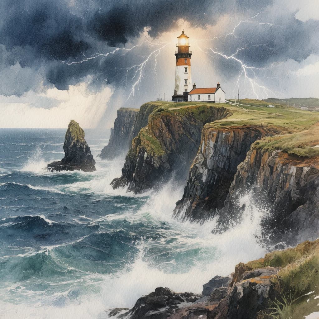 Please paint a watercolor of stormy cliffs and a lighthouse, moody sky.