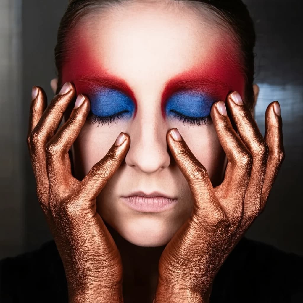 A striking close-up portrait of a woman with cracked metallic copper-painted hands framing her face. Her vivid blue and red eye makeup contrasts sharply with the smooth, pale skin and muted background, creating a bold, surreal composition. She displays an air of uncertainty about her