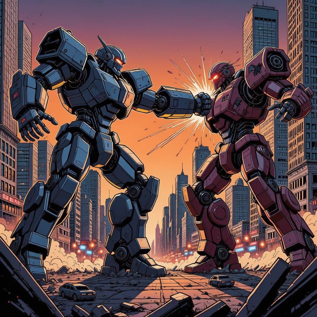 Make a cel-shaded mecha duel at dusk downtown.