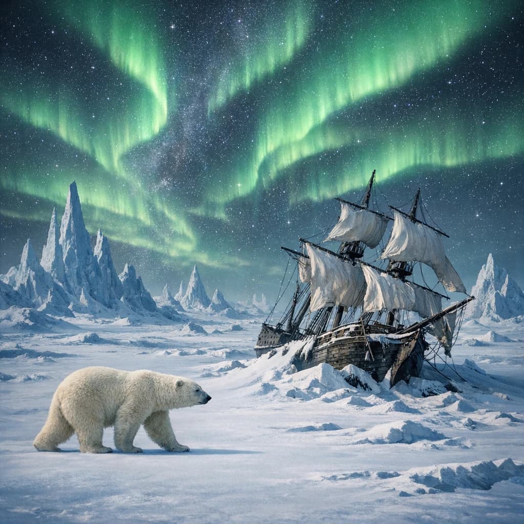 An endless tundra stretches outward, littered with jagged icebergs shaped like cathedral spires. A polar bear trudges across the foreground but leaves no tracks. Auroras ripple overhead. A half-buried shipwreck juts from the snow — sails billowing despite the still air.
