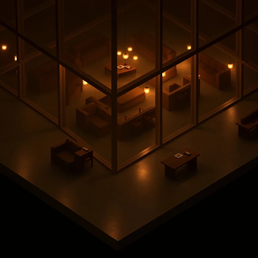 Isometric 3D lobby, glass walls, warm lights, slightly moody, soft shadows.