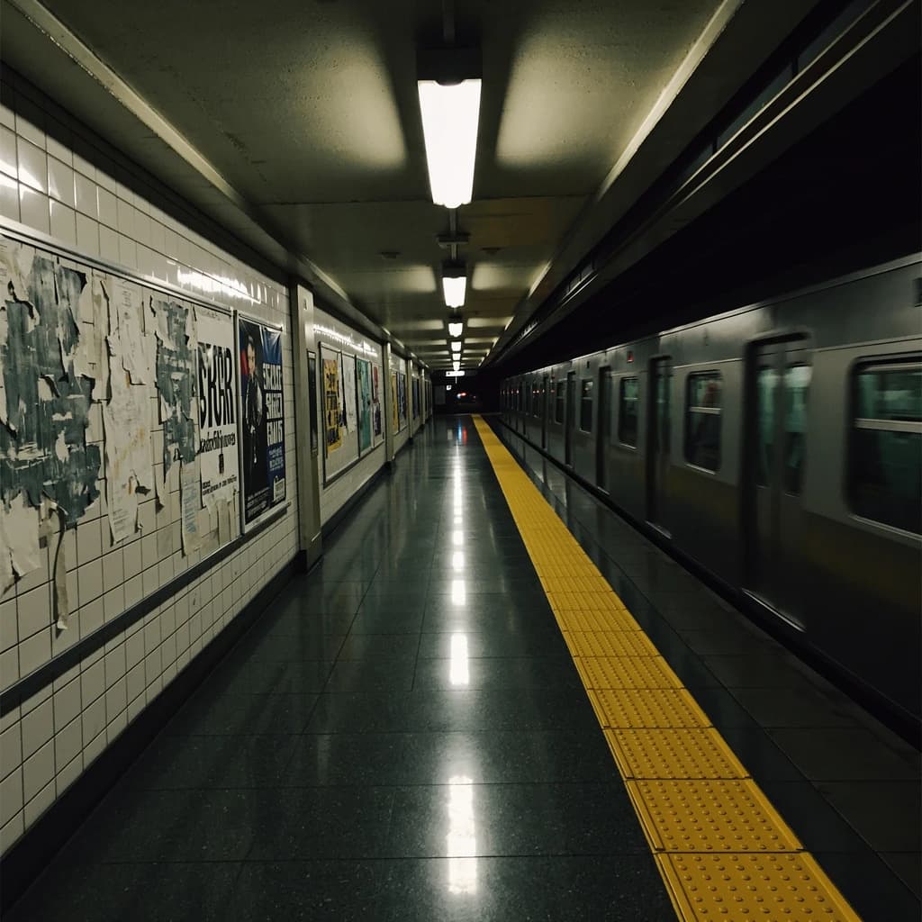 A subterranean subway platform with glossy tiles, peeling posters, flickering fluorescent lights, yellow safety line, and a distant train coming; slightly damp, echoes carry.