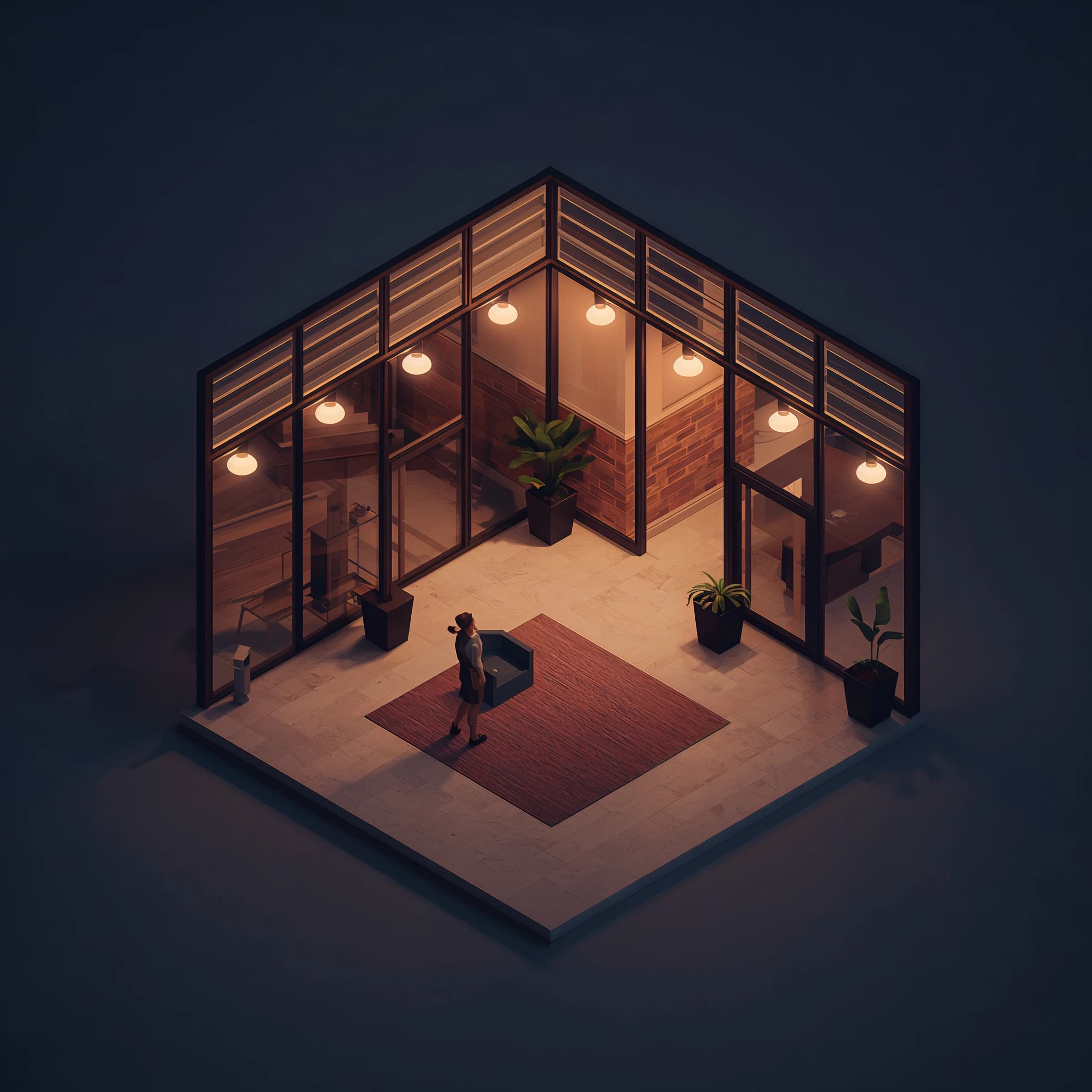 Isometric 3D lobby, glass walls, warm lights, slightly moody, soft shadows.