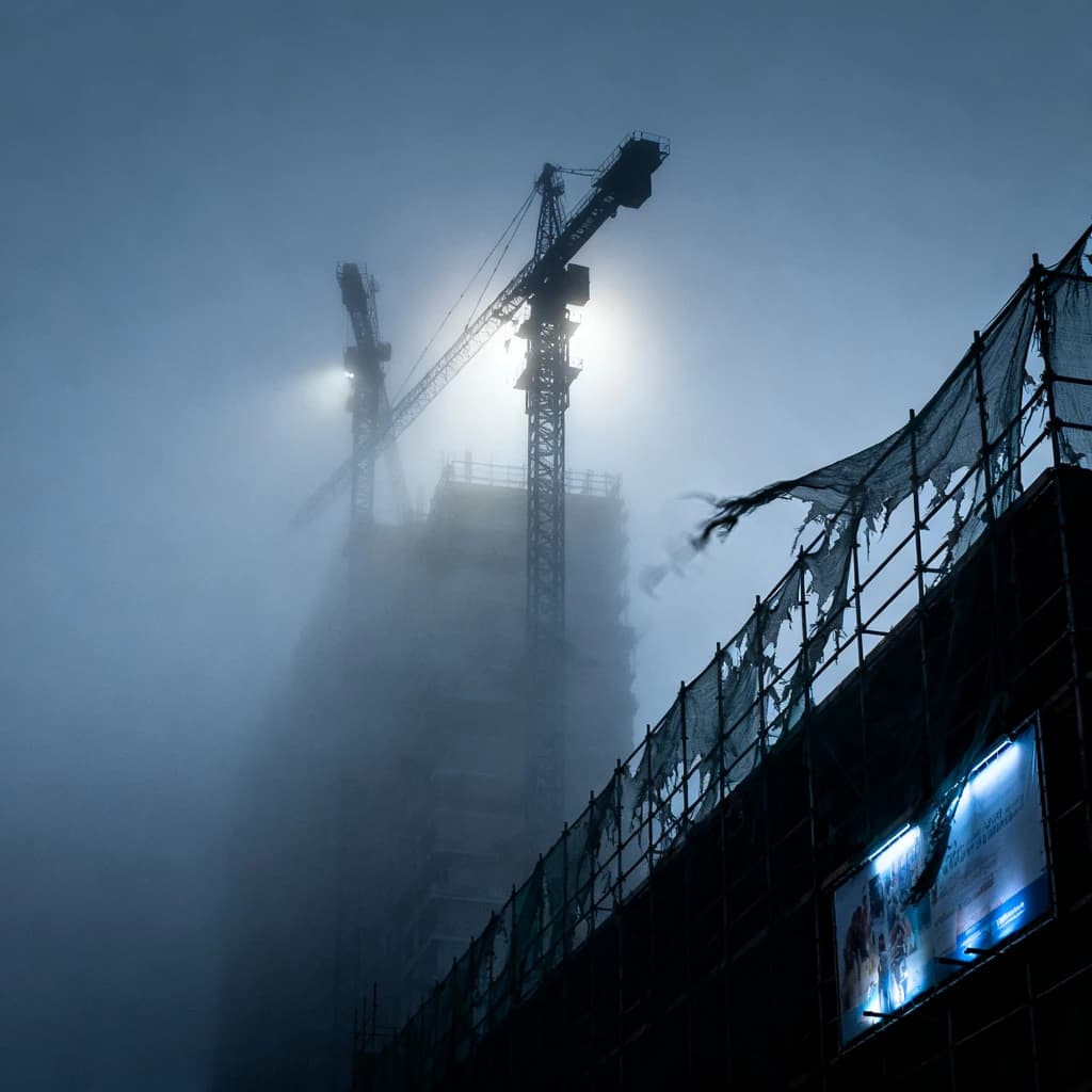 A construction site stretched upward into fog, cranes frozen in silhouette. Wind rattled scaffolding draped with torn mesh that glowed faintly from nearby billboards