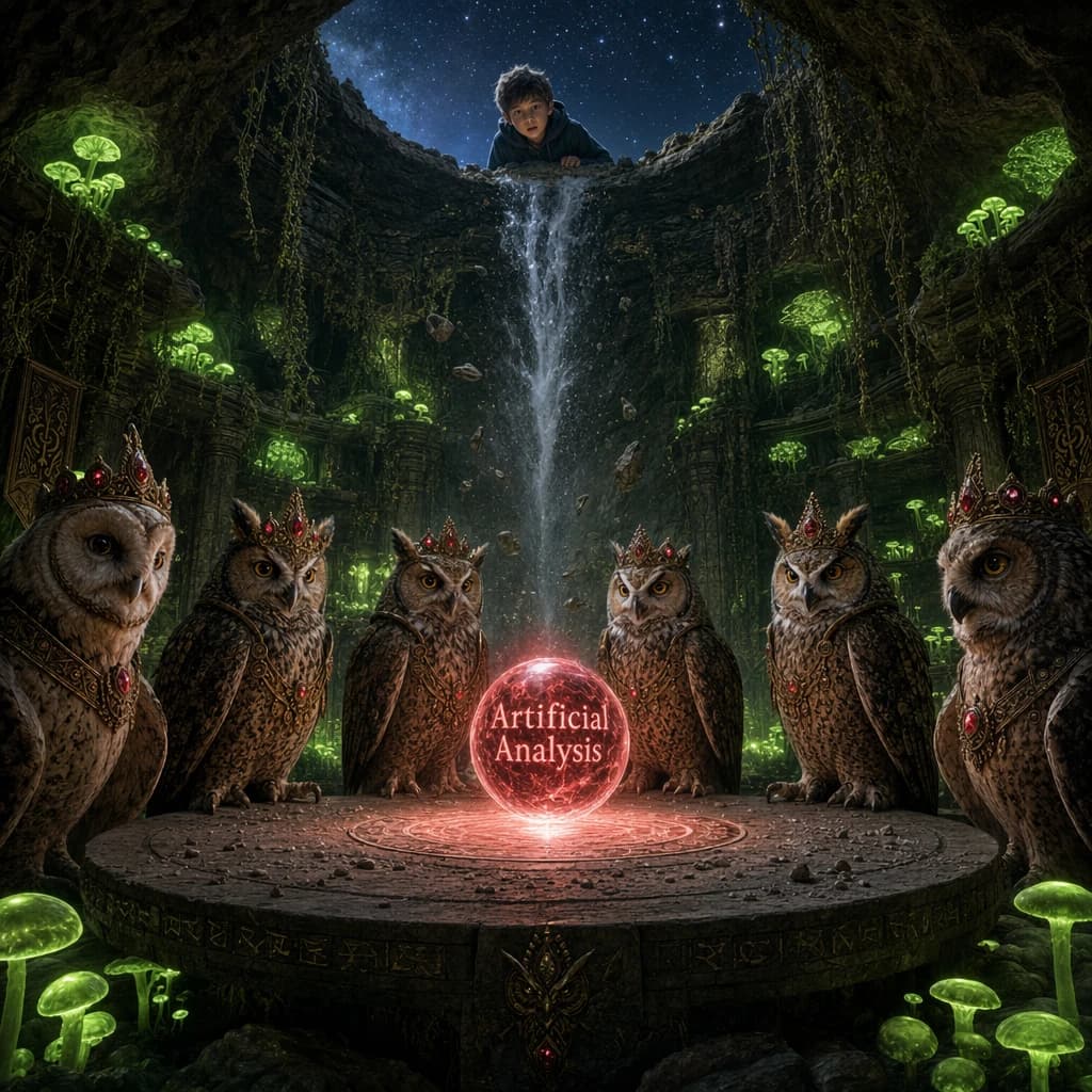 In a cavern lined with bioluminescent fungi glowing lime green, the council of owls wear jeweled crowns that glimmer with rubies, their wings folded behind their backs. Dust coats the stone table, a glowing orb inscribed with “Artificial Analysis” hovers above the table illuminating the owls with its red pulsating light. Behind them, a waterfall falls upward into a ceiling that opens onto stars - a child looks down in wonder from above at what he has stumbled across.