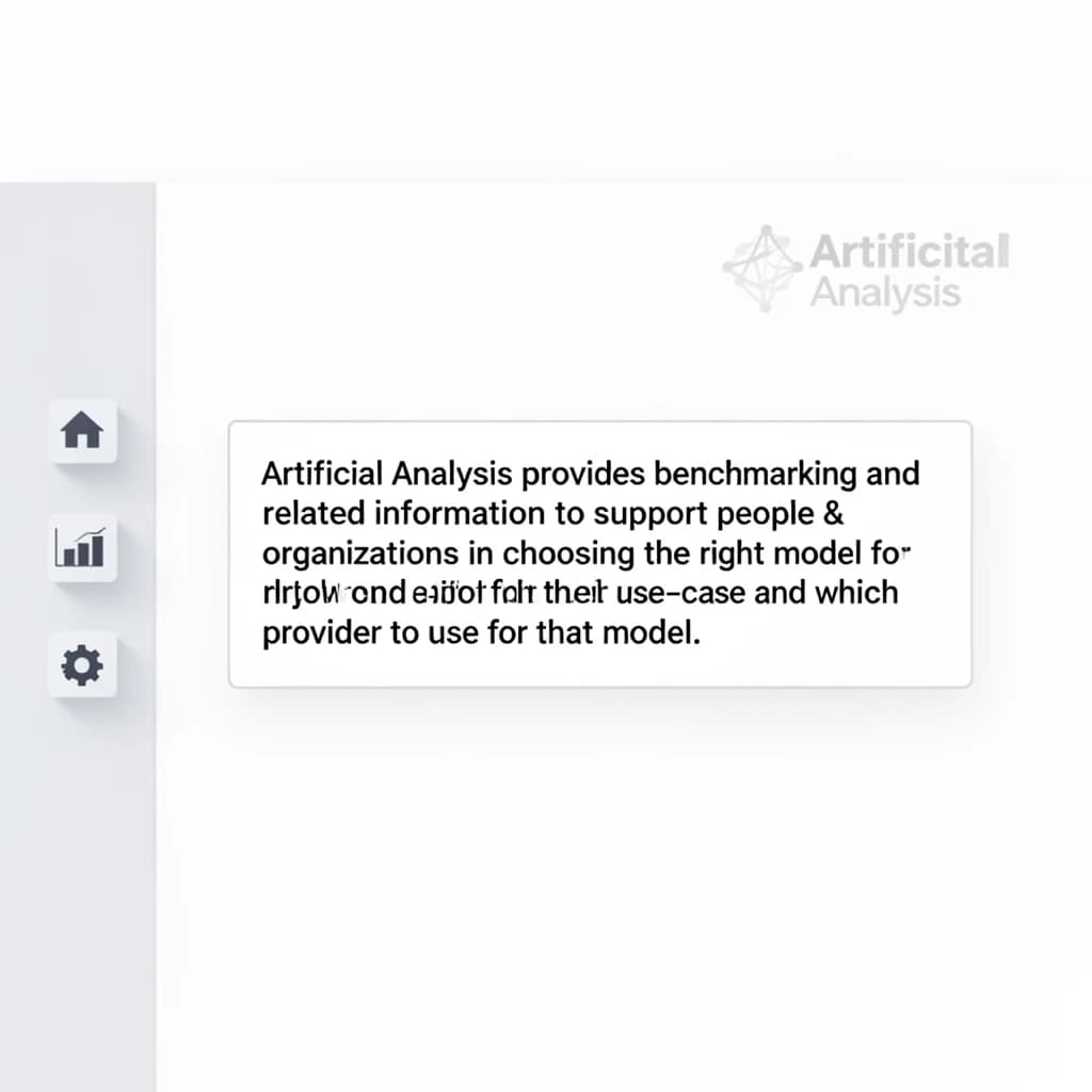 On a high-resolution dashboard mockup with a clean white background, display a centered text module in Helvetica Neue Regular, 18pt, black: “Artificial Analysis provides benchmarking and related information to support people & organizations in choosing the right model for their use-case and which provider to use for that model.” The text box is justified, but the final word wraps awkwardly onto its own line. To the left, a vertical navigation bar in light gray with three icons - home, chart, and settings - aligned evenly but casting misaligned shadows. In the upper right, the Artificial Analysis logo appears faintly, semi-transparent, watermarked over the corner of the interface.