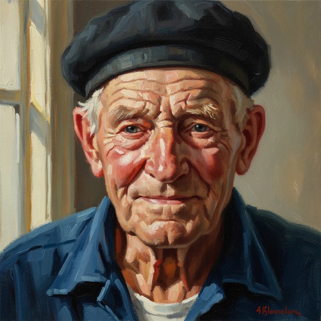 Oil on canvas portrait of an elderly sailor, weathered face, soft light.