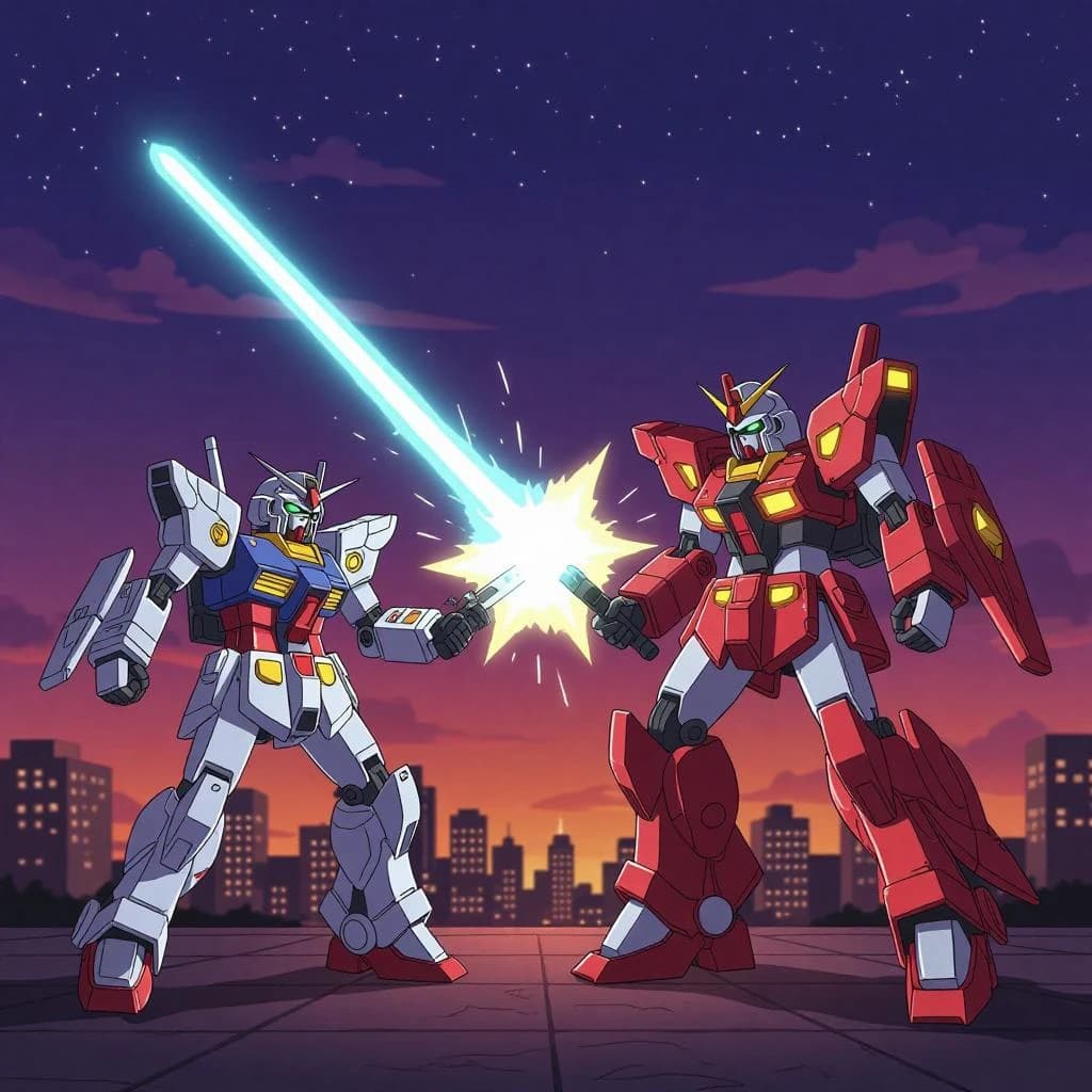 Make a cel-shaded mecha duel at dusk downtown.