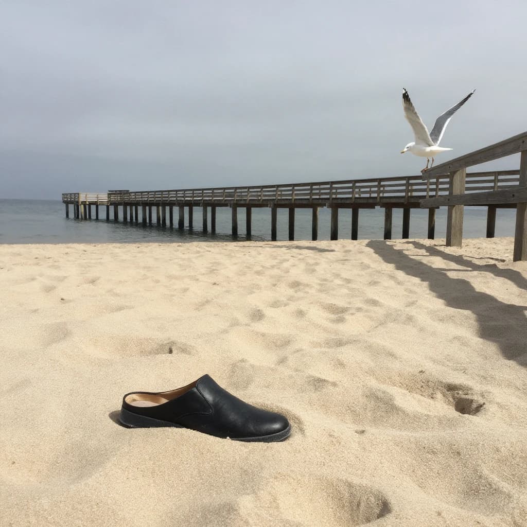 The beach is flat, sand beige, granular, no shells, except for a single left shoe, black leather, size eleven, half buried at an angle. The pier extends straight into the water, wood untreated, grain visible, though the support posts vanish before they touch the surface. The sky is uniformly gray, no clouds, yet shadows stretch at sharp diagonals. A single gull sits on the railing, wings outstretched, frozen mid-flap, no movement.