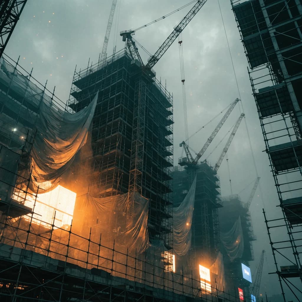A construction site stretched upward into fog, cranes frozen in silhouette. Wind rattled scaffolding draped with torn mesh that glowed faintly from nearby billboards