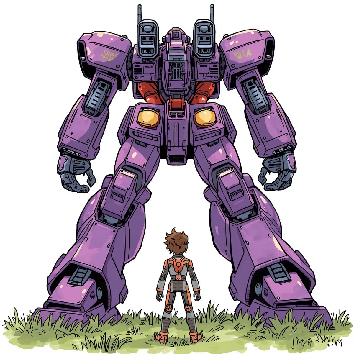 Clad in his body suit up to the neck, young Masa nervously approaches the towering mech with his back facing us. He is nervous for his first time in the field. The mech's bright purple colour scheme contrasts with the grey body suit. The scale of the mech dwarfs Masa. Hand drawn style