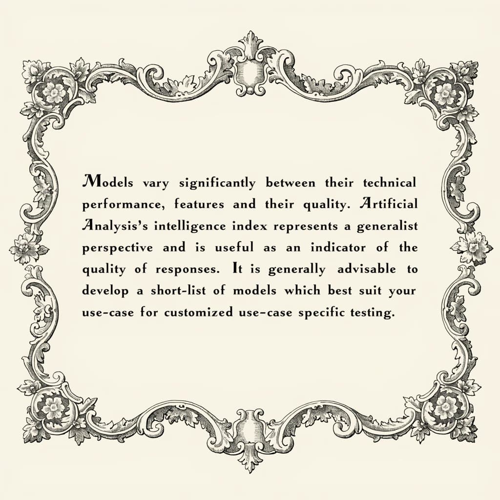 On a flat layout, write in an ornate baroque style "Models vary significantly between their technical performance, features and their quality. Artificial Analysis's intelligence index represents a generalist perspective and is useful as an indicator of the quality of responses. It is generally advisable to develop a short-list of models which best suit your use-case for customized use-case specific testing. "