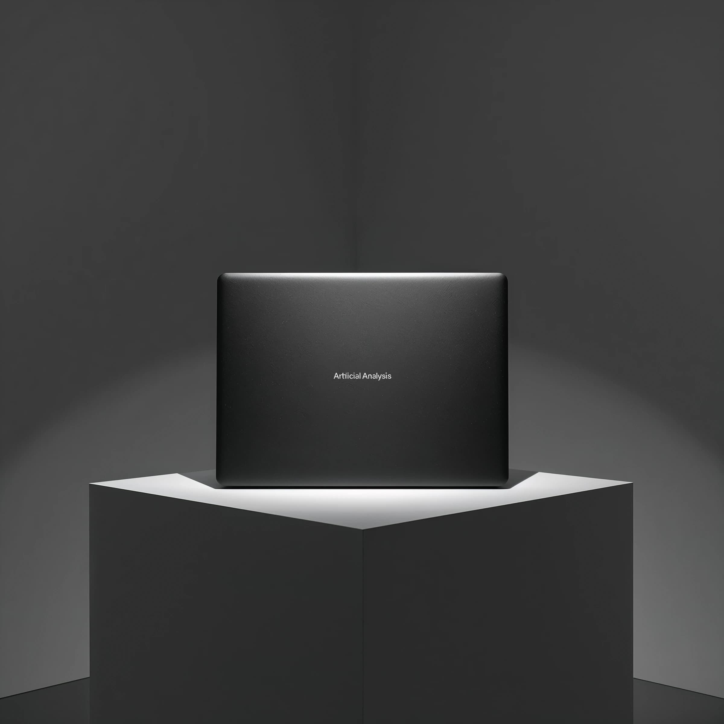 A premium matte black laptop-sized box rests on a pure white pedestal within a gallery space. Overhead, a single spotlight carves sharp contrast, leaving the edges in deep shadow. The brand name Artificial Analysis is embossed in silver foil, glinting faintly as though it were jewelry.