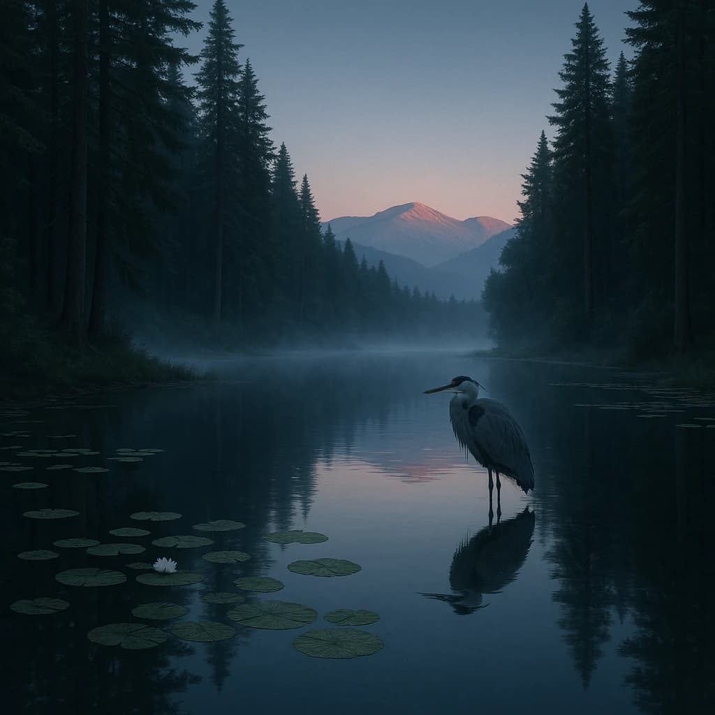 With pre-dawn mist along a cedar forest river and glassy water dotted with lily pads, distant mountains blush pink, and a heron stands still like it forgot what to do next.