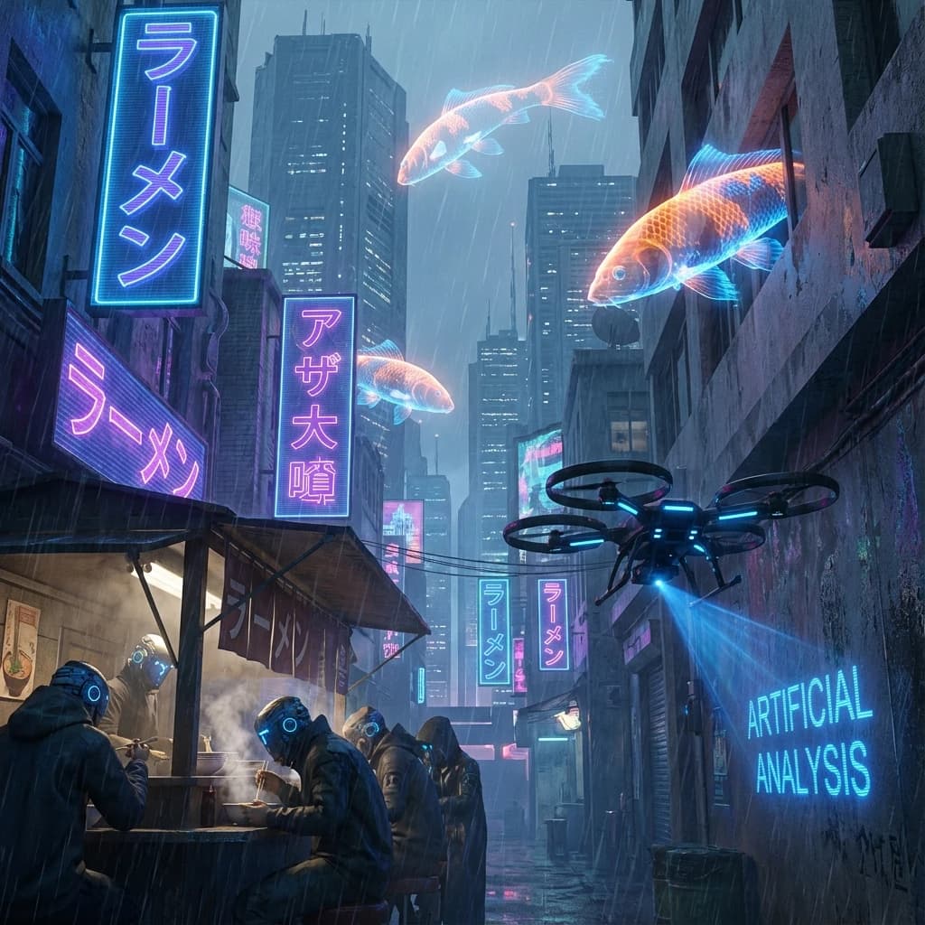 A neon alley in Neo-Tokyo 2142 drips with rain Cybernetic patrons slurp ramen at a stall with their glowing implants humming with blue light. Three giant holographic koi hover 10 metres above the ground and swim across the skyline, one has clipped into a building. A six-prop drone hovers nearby, projecting "Artificial Analysis" onto a wall with blue laser beams visible