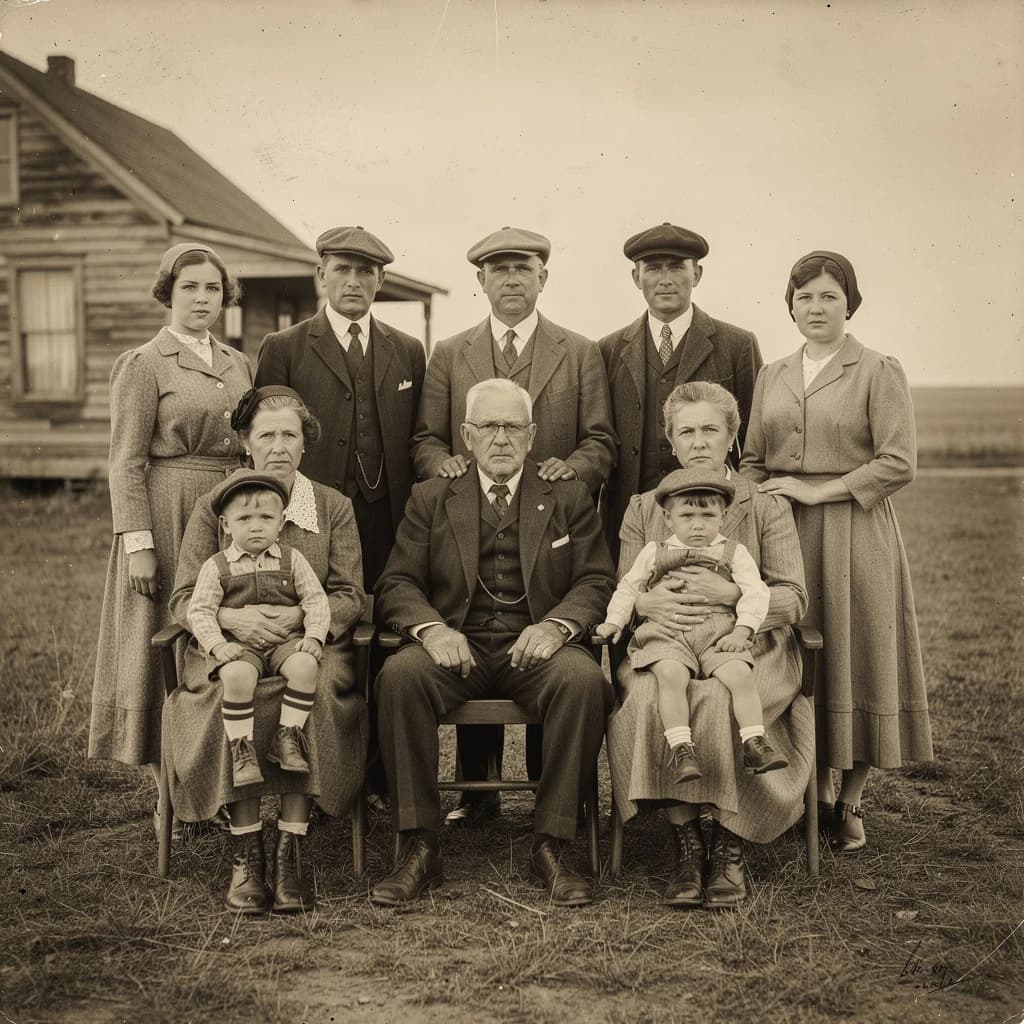 Everybody holds still and nobody smiles for the family portrait. It's 1928 in Kansas