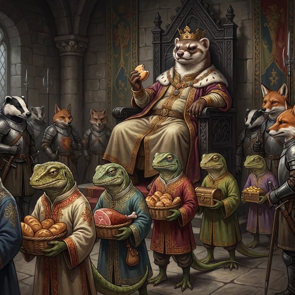 Big Weasel, the tyrannical ruler of the Levitus, slouches on his throne, his mood foul but somewhat brightened by the sight of gifts - a wearisome group of lizard traders adorned in fine silks proceed toward him through the hall with their annual tribute of biscuits, ham and gold - Big Weasel's favourites. Big Weasel's entourage looks on with stern approval.