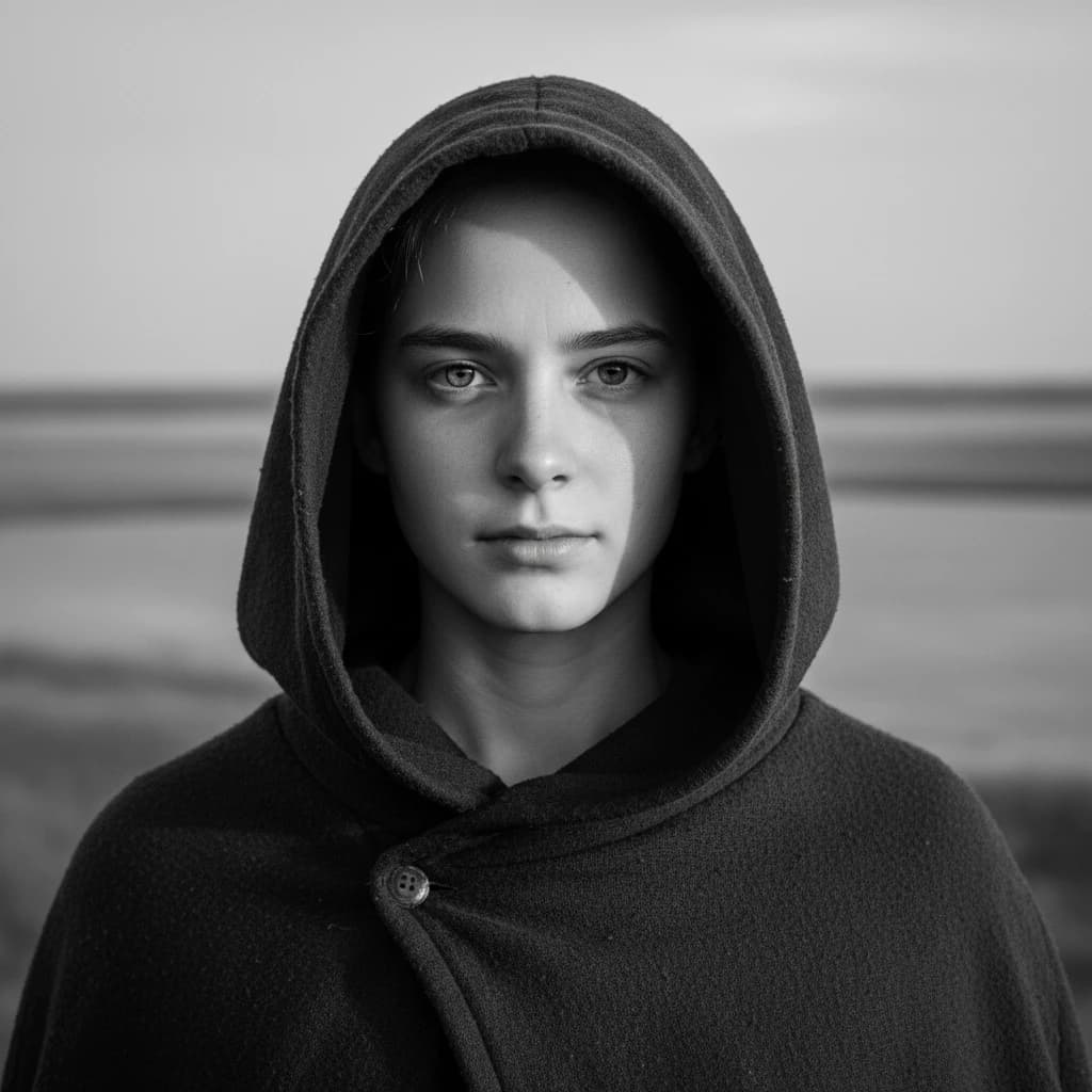 A dramatic black-and-white portrait of a young person draped in a hooded garment, their face framed by the hood's dark folds. Their skin tone and the subtle sheen on their cheeks create striking tonal contrast against the deep shadows. Their eyes are piercing, looking directly into the lens with a calm, steady intensity—neither confrontational nor submissive, but deeply present. The texture of the fabric is visible: it's dense, slightly weathered, and whisper-thin creases catch the light. In the background, an expansive, out-of-focus landscape suggests open space—perhaps distant plains or water—though the details remain soft and abstract. The overall mood is silent yet powerful, poised between vulnerability and resilience, with every highlight and shadow telling part of their story.