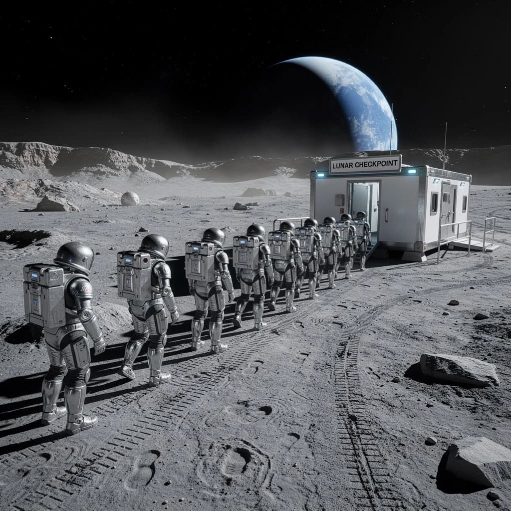 Silver exosuits queue at a dusty lunar checkpoint.