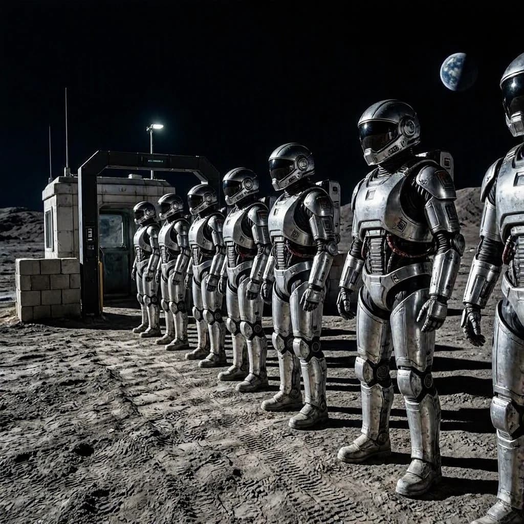 Silver exosuits queue at a dusty lunar checkpoint.