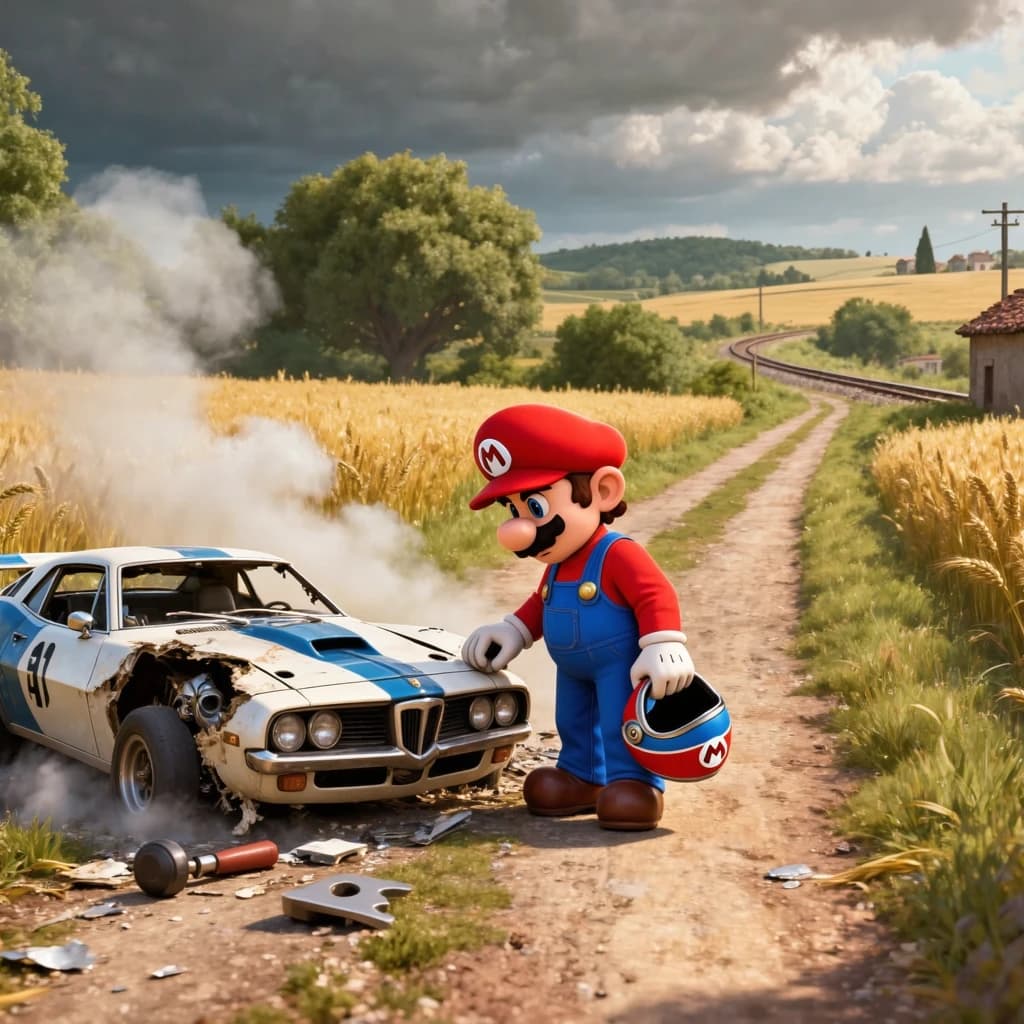 Mario examines the still smouldering wreck of the crash that took his best driver on the side of the country road. He designed this car and caused this. 3 days have passed since the crash. It's 1973 in Northern Italy.