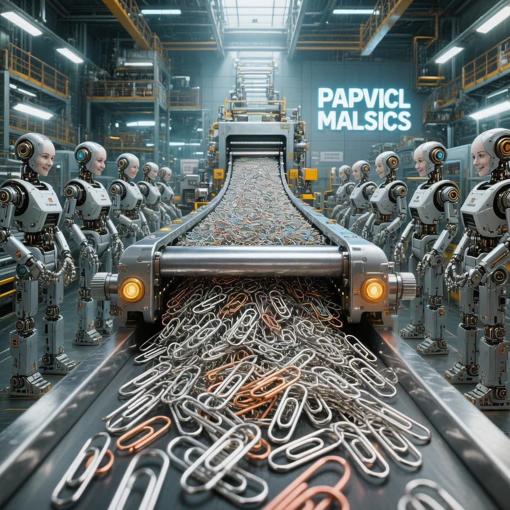 Close up point of view perspective on a conveyor belt pumping out paperclips at a maddening pace. The high tech factory has Artificial Analysis printed proudly on the wall. Robot staff look approvingly over the robust output.