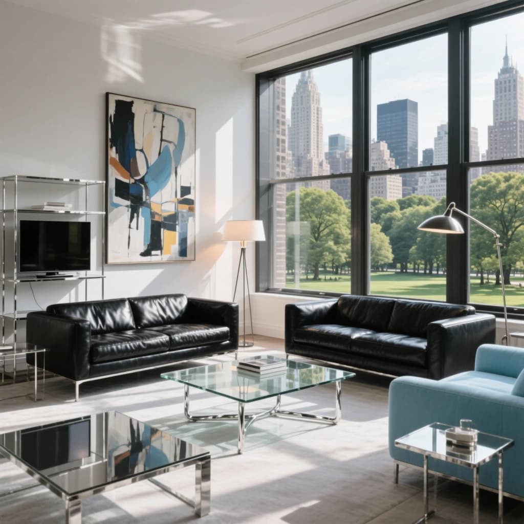 My apartment overlooks Central Park. It’s very luxurious, very expensive, and the furniture is minimal — a black leather couch, a glass coffee table with chrome legs, an Arne Jacobsen floor lamp. A big-screen television set rests on a steel shelving unit. A David Onica painting hangs above the couch. There’s a stainless steel and glass cocktail table. A powder-blue sofa. A thirty-inch digital TV.