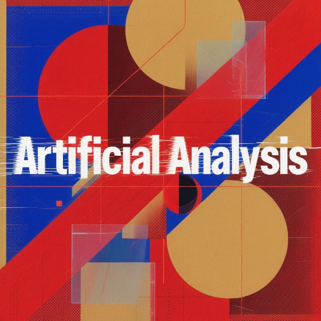 A bold poster composition dominated by flat geometric shapes in crimson, cobalt, and ochre. Overlapping circles and sharp diagonal lines create dynamic tension across the frame. A single sans-serif word — Artificial Analysis — stretches across the center in stark white, distorted slightly as though caught mid-glitch. The background is textured with halftone dots and faint grid lines, while subtle overlays of translucent rectangles suggest depth. Designed in the spirit of modernist Swiss typography fused with digital glitch aesthetics.