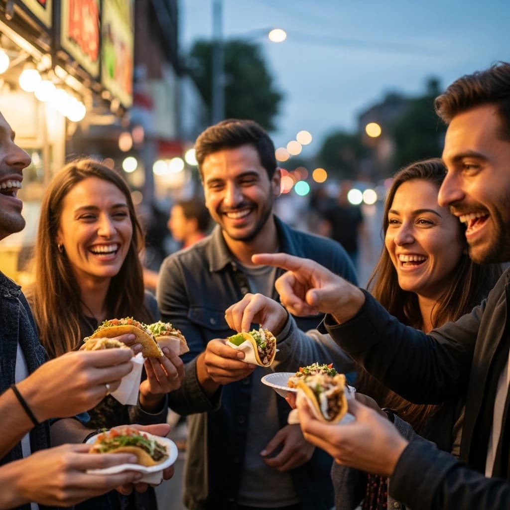 Friends laugh over street tacos at dusk, candid, shallow depth.