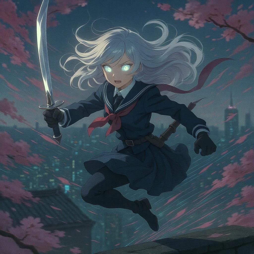Wind-swept rooftop at dusk, a silver-haired swordswoman in a navy school uniform leaps, luminous eyes, cel shading, cherry blossoms swirl, neon city, dynamic angle, speed lines.