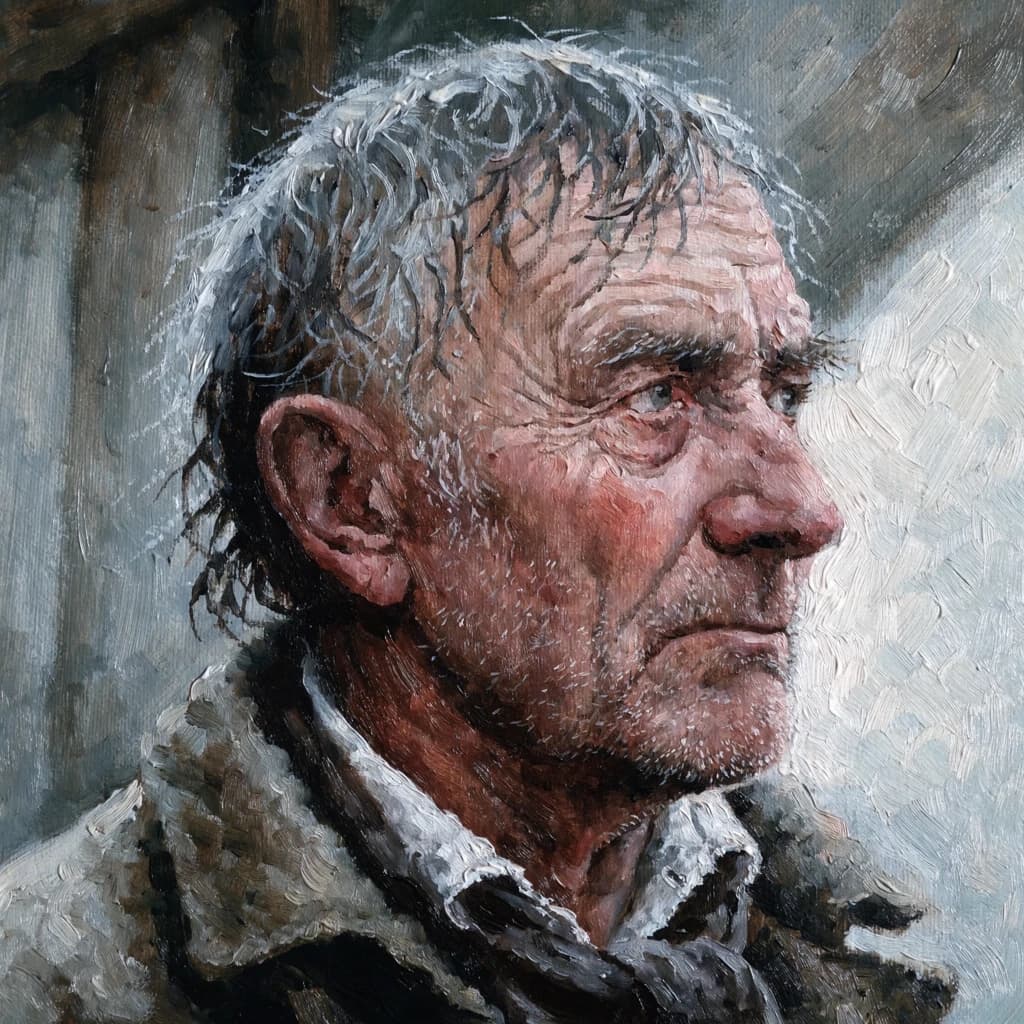 Oil on canvas portrait of an elderly sailor, weathered face, soft light.