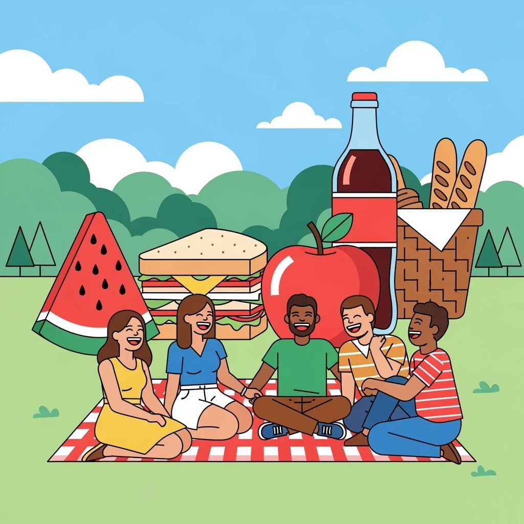 Flat vector picnic scene, friends laughing, oversized food icons, simple shapes.