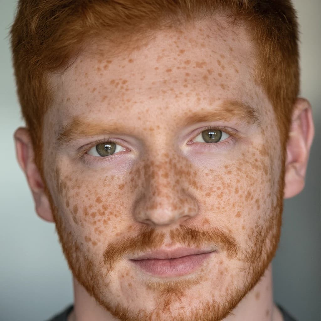 Shoot a natural light headshot of a red-haired man with freckles, green eyes.