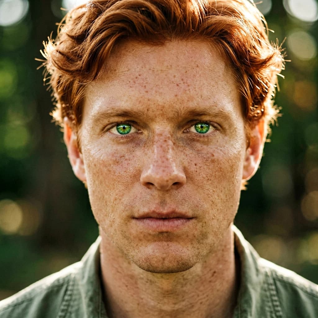 Shoot a natural light headshot of a red-haired man with freckles, green eyes.