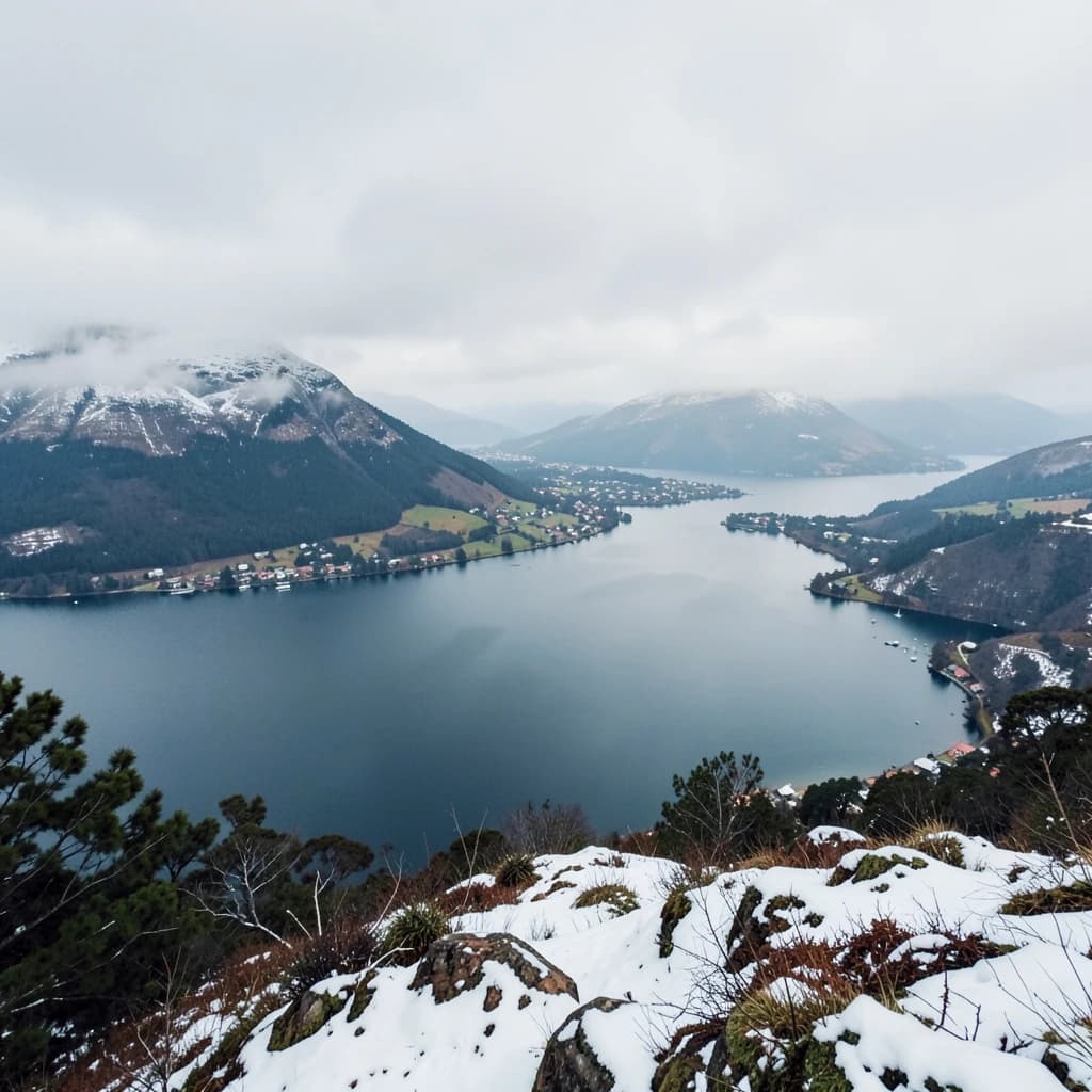 Queenstown's Lake Wakatipu, viewed from the top of Queenstown Hill after a snowstorm just dusted the top of Cecil's Peak