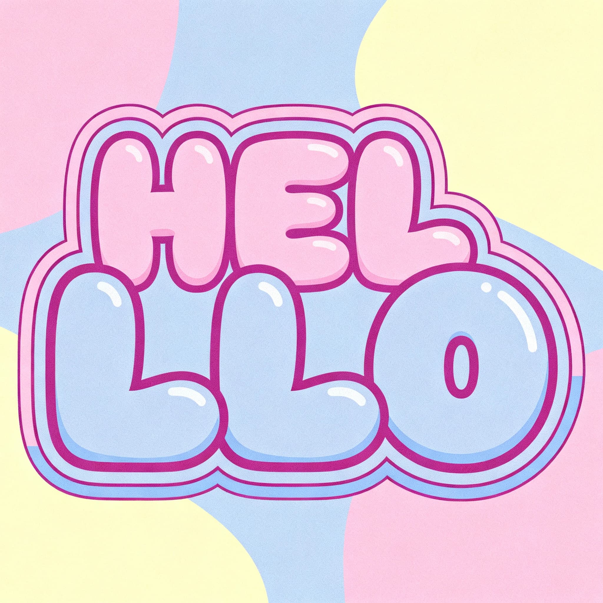 Make a bold bubble-letter poster that says HELLO, pastel palette, thick outline.
