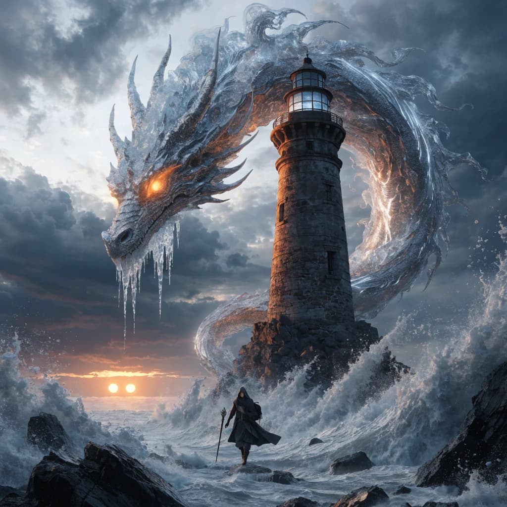 A dragon of molten silver coils around a lighthouse. The storming sea below crashes upward in frozen stillness, as though caught mid-motion. The dragon’s molten eyes drip tears of ice. On the horizon, two suns set next to each other, casting orange light on one side of the tower and blue on the other. A cloaked traveler carries an ancient weapon in his left hand and a scroll in his right.