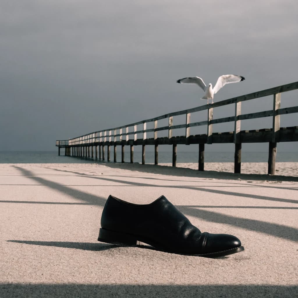 The beach is flat, sand beige, granular, no shells, except for a single left shoe, black leather, size eleven, half buried at an angle. The pier extends straight into the water, wood untreated, grain visible, though the support posts vanish before they touch the surface. The sky is uniformly gray, no clouds, yet shadows stretch at sharp diagonals. A single gull sits on the railing, wings outstretched, frozen mid-flap, no movement.