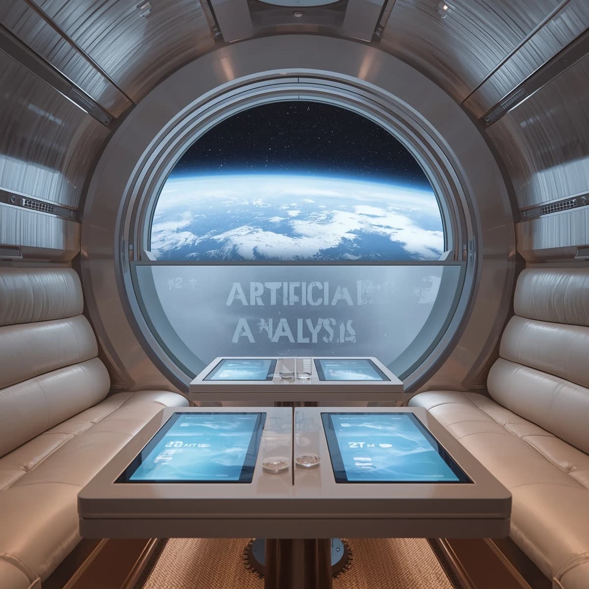 The orbital lounge has brushed aluminum walls and pale leather banquettes. Low white tables are inset with glowing touchscreens. Drinks are clear, flavorless, in tall unmarked glasses. The viewport is floor-to-ceiling, showing Earth moving slowly beneath. The word Artificial Analysis is etched discreetly on the glass in a frosted band.